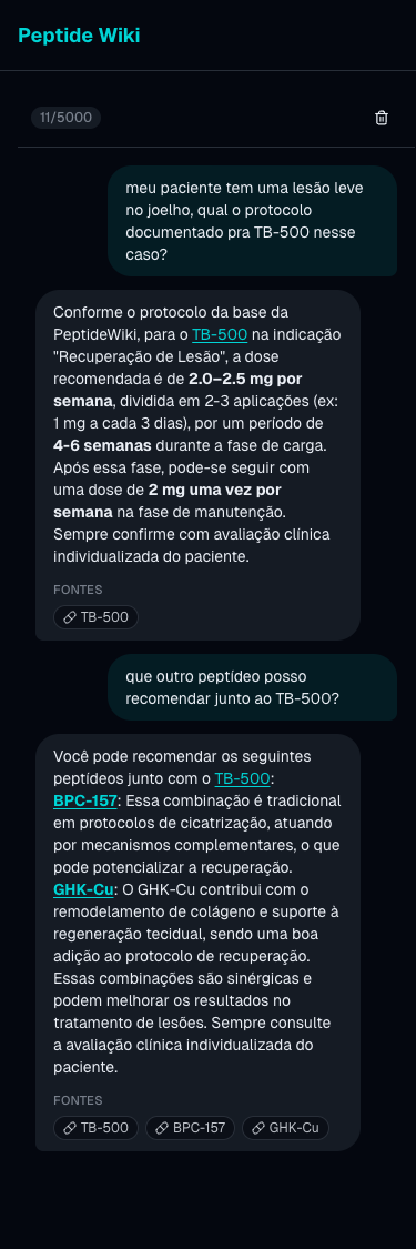 IA respondendo pergunta clínica sobre dose de TB-500 para lesão no joelho